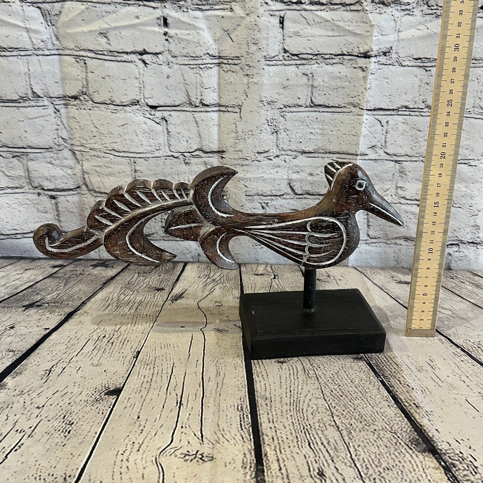 40cm x 20cm Wooden Tribal Primitive Black Phoenix Bird Stand Sculpture Statue5