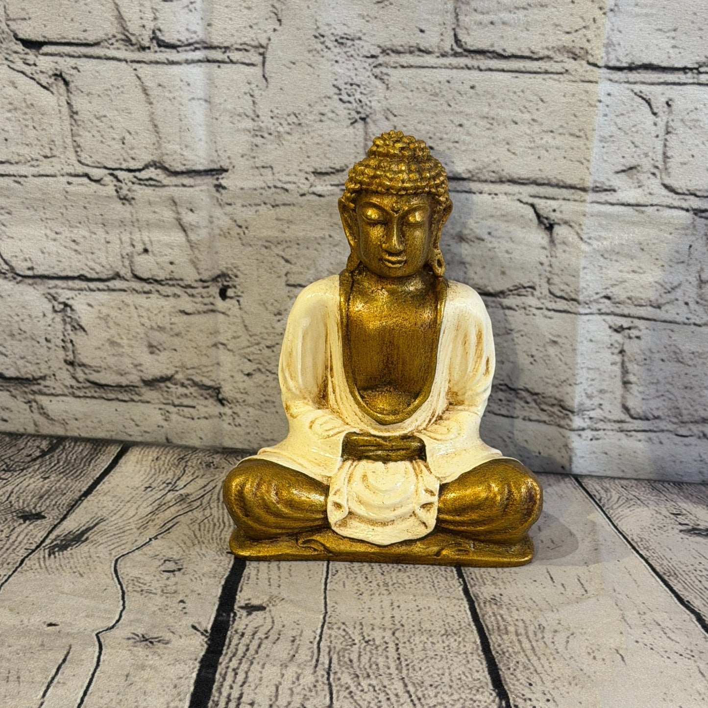 Cream & Bronze 20cm x 15cm Large Thai Buddha Sitting Statue Resin Hindu0