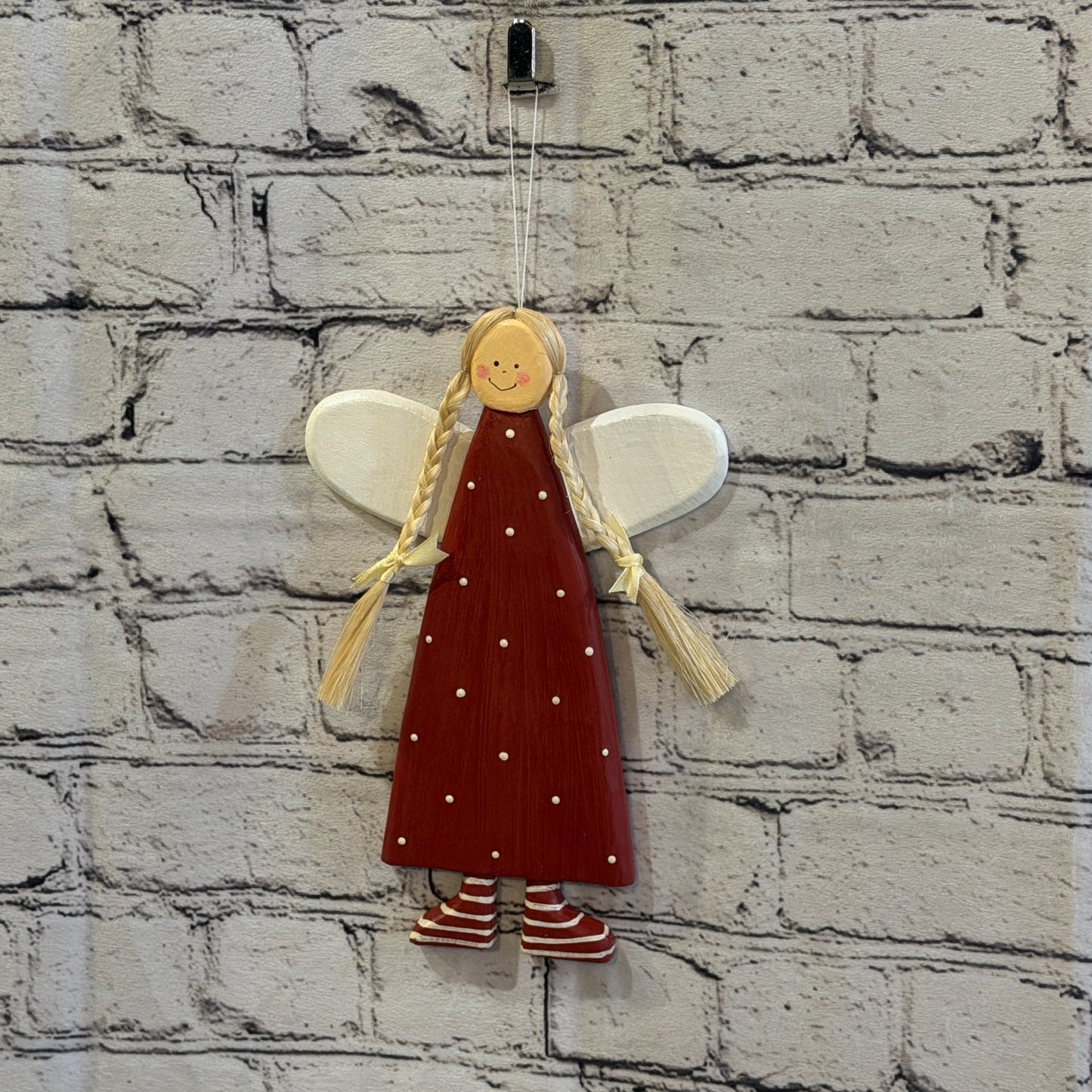 25cm Red Wall Hanging Angel Figurine Folk Art Wood Fabric Baltic Handmade4