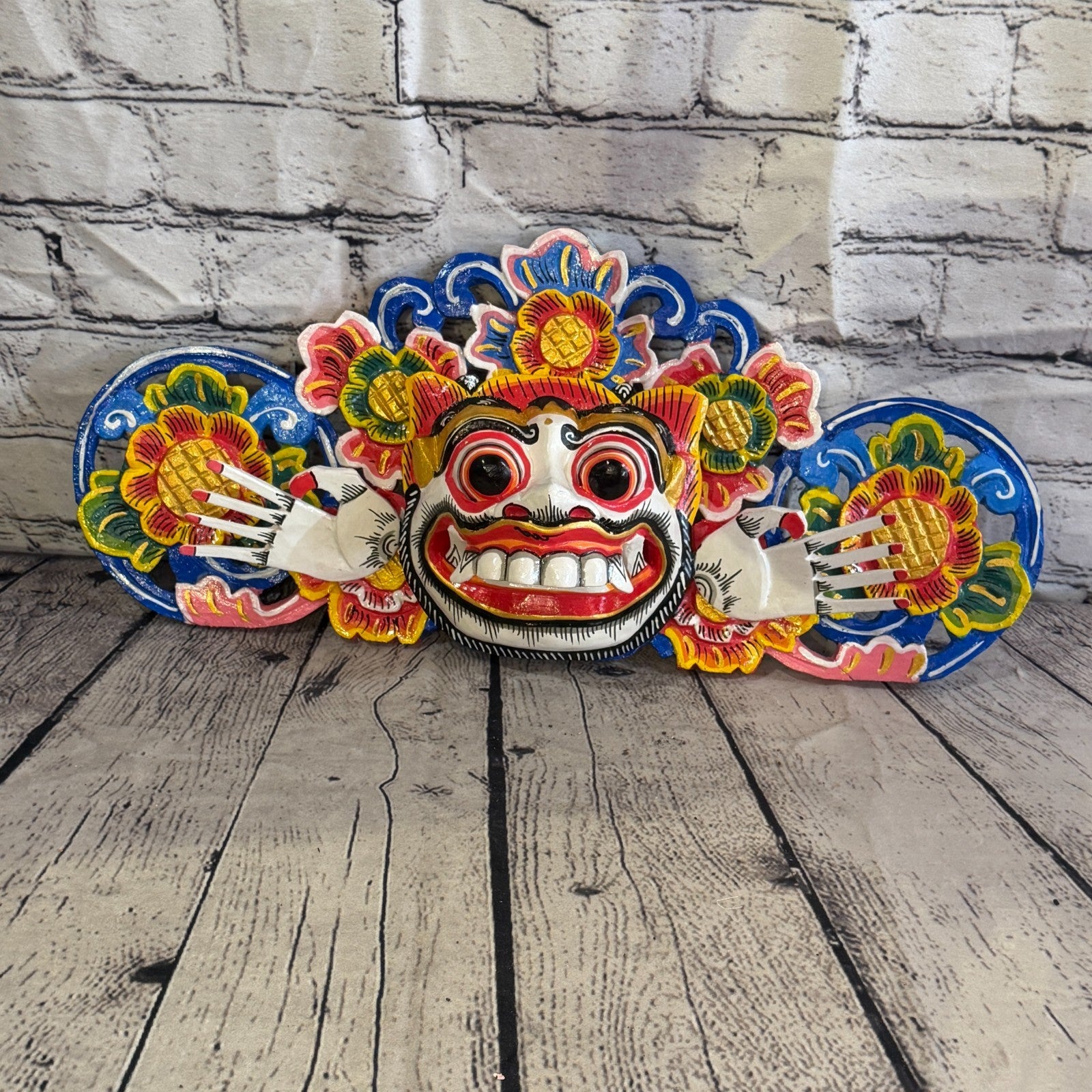 40cm Barong Boma White Demon Dragon Hindu Deity Wooden Hand Carved Mask Painted2
