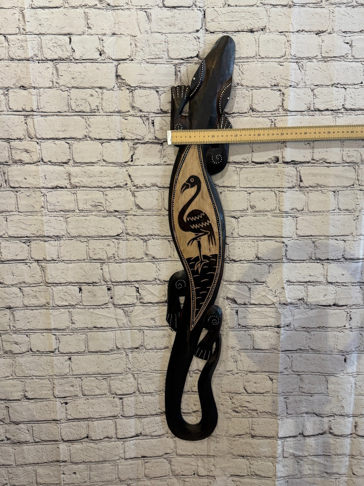 100cm Flamingo Gecko Carved Wooden Brown Work Painted Ethnic Tribal Tiki Art3