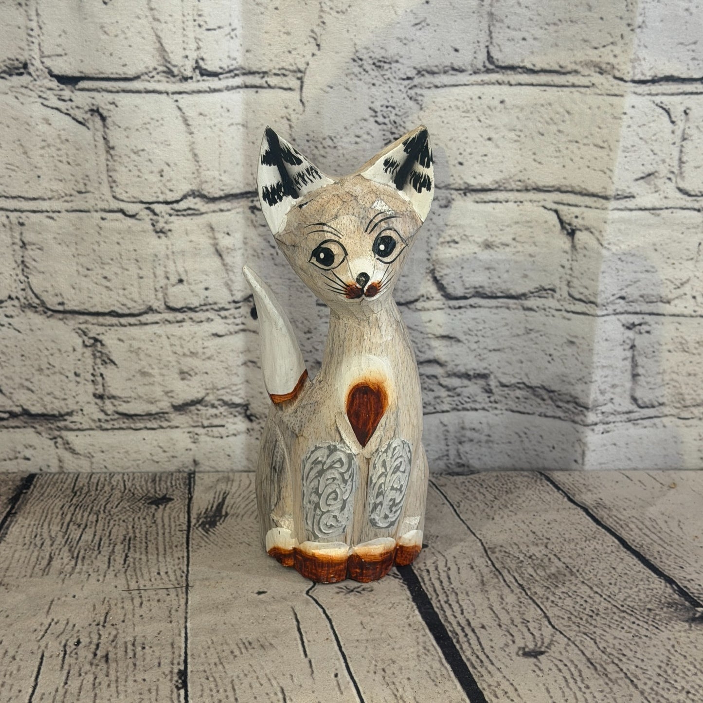 20cm White Dots Wooden Shabby Cat Statue Ornament Fair Trade Handcarved0