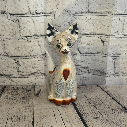 20cm White Dots Wooden Shabby Cat Statue Ornament Fair Trade Handcarved0