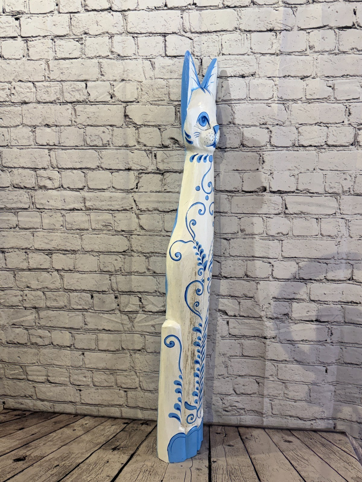 100cm Blue White Flower Wooden Shabby Cat Statue Ornament Fair Trade Handcarved2