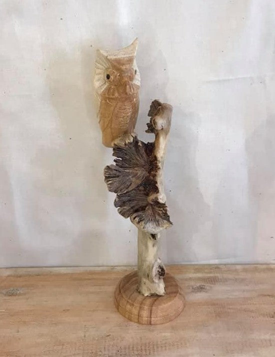 20cm Single Owl Mushroom Parasite Ornament Natural Carving Fairtrade Wooden0