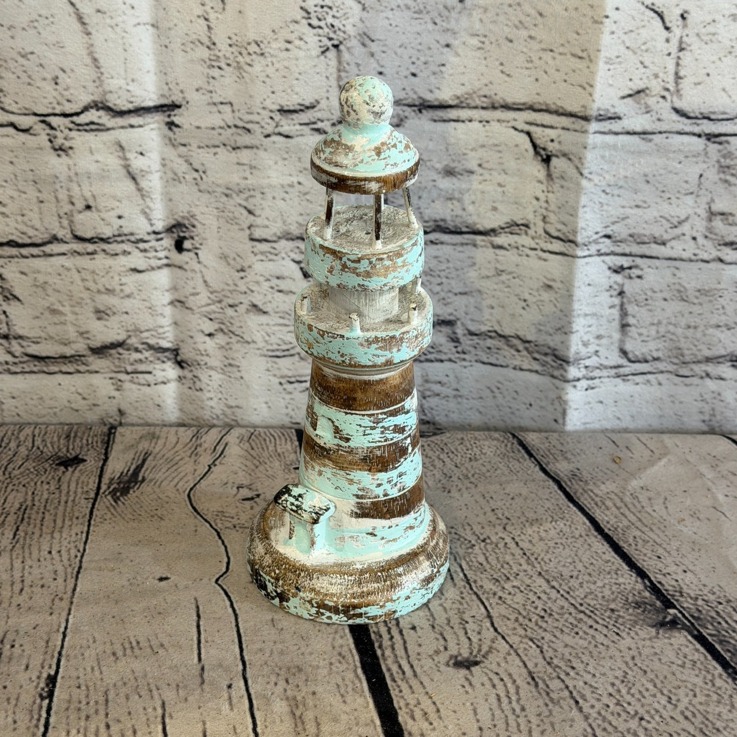 20cm Green White Wooden Lighthouse Detailed Ornament Nautical Coastal Sculpture0