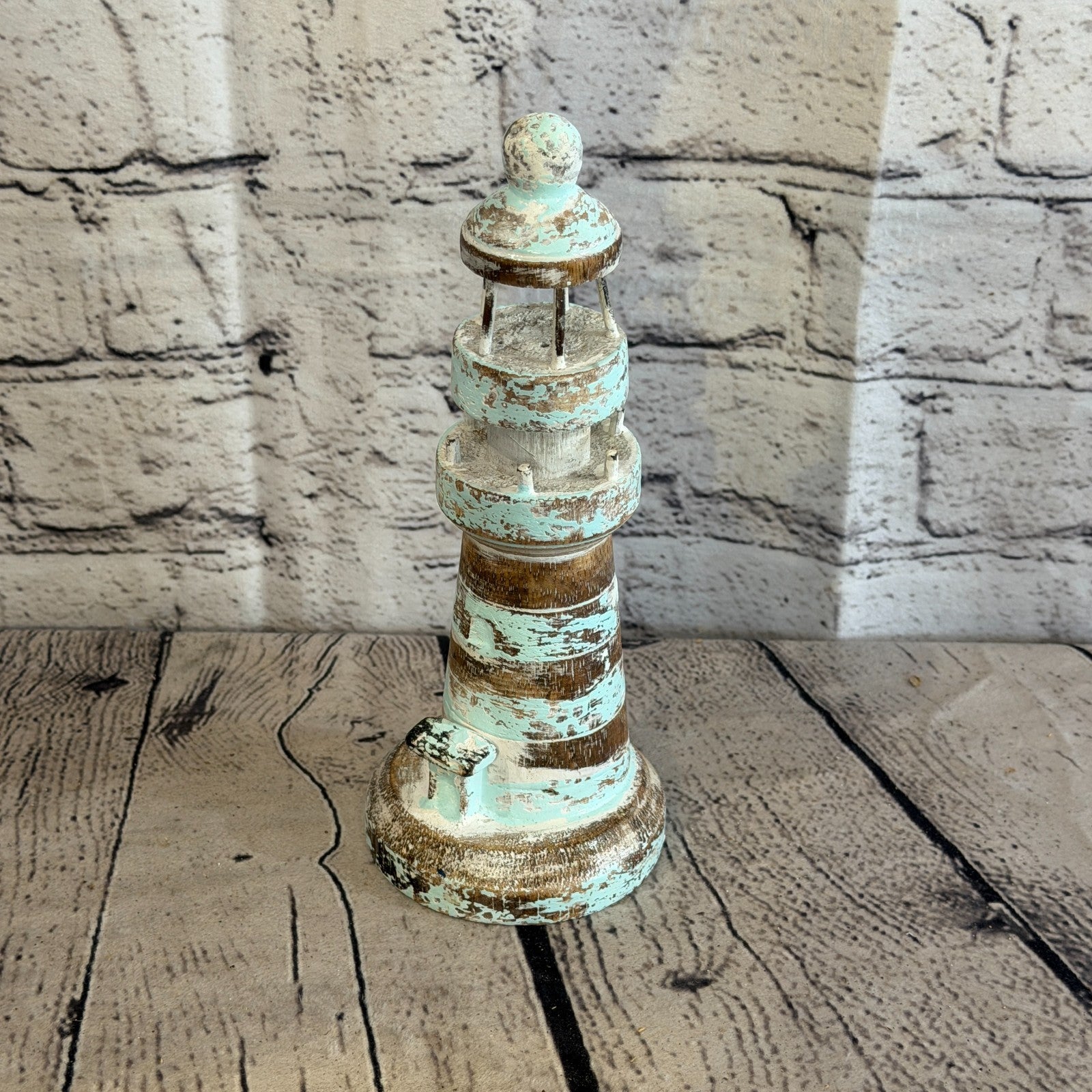 20cm Green White Wooden Lighthouse Detailed Ornament Nautical Coastal Sculpture0