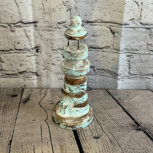 20cm Green White Wooden Lighthouse Detailed Ornament Nautical Coastal Sculpture0