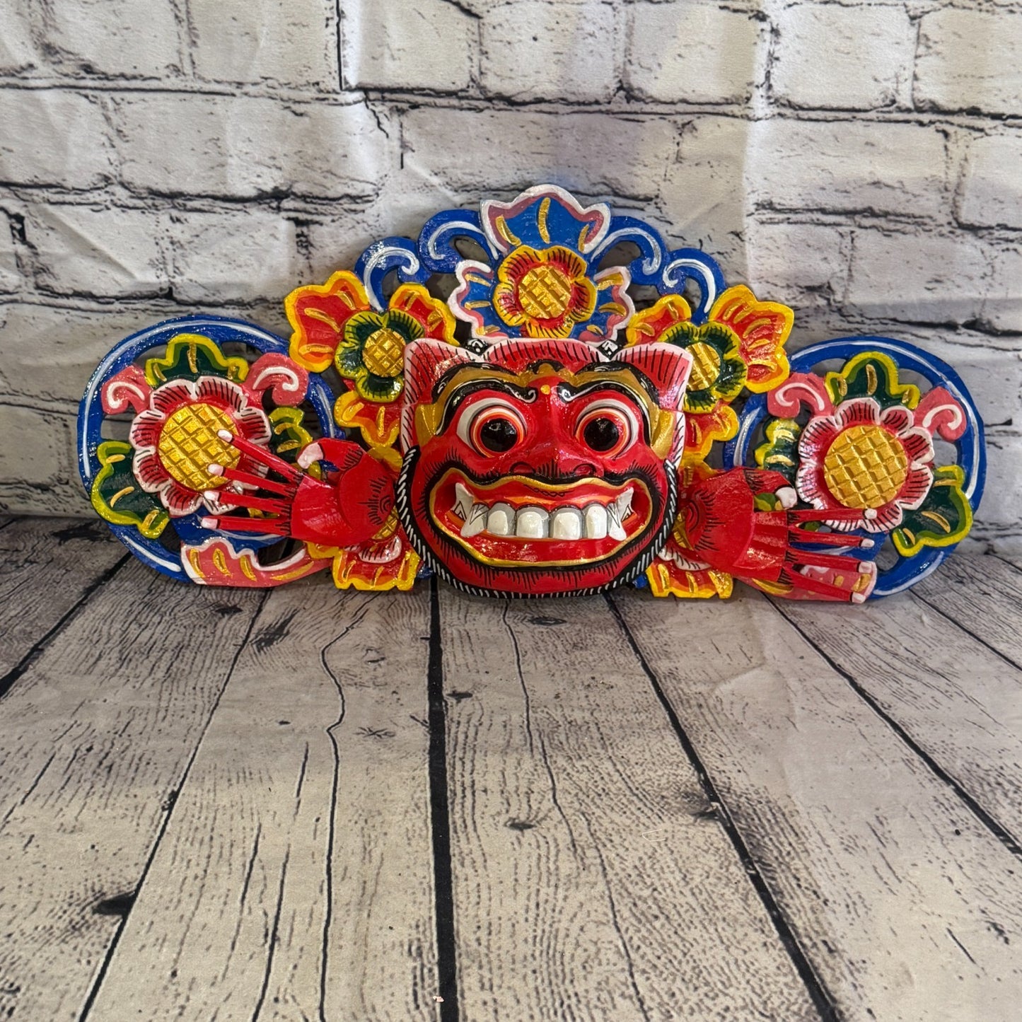 40cm Barong Boma Red Demon Dragon Hindu Deity Wooden Hand Carved Mask Painted2