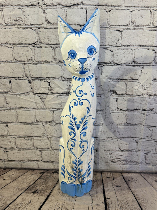 60cm Blue White Flower Wooden Shabby Cat Statue Ornament Fair Trade Handcarved0