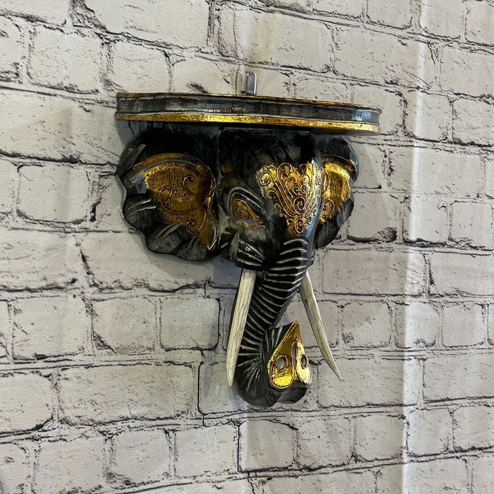 25cm x 25cm Black Gold Shelf Wood Elephant Head Wall Mounted Art Large Shabby0