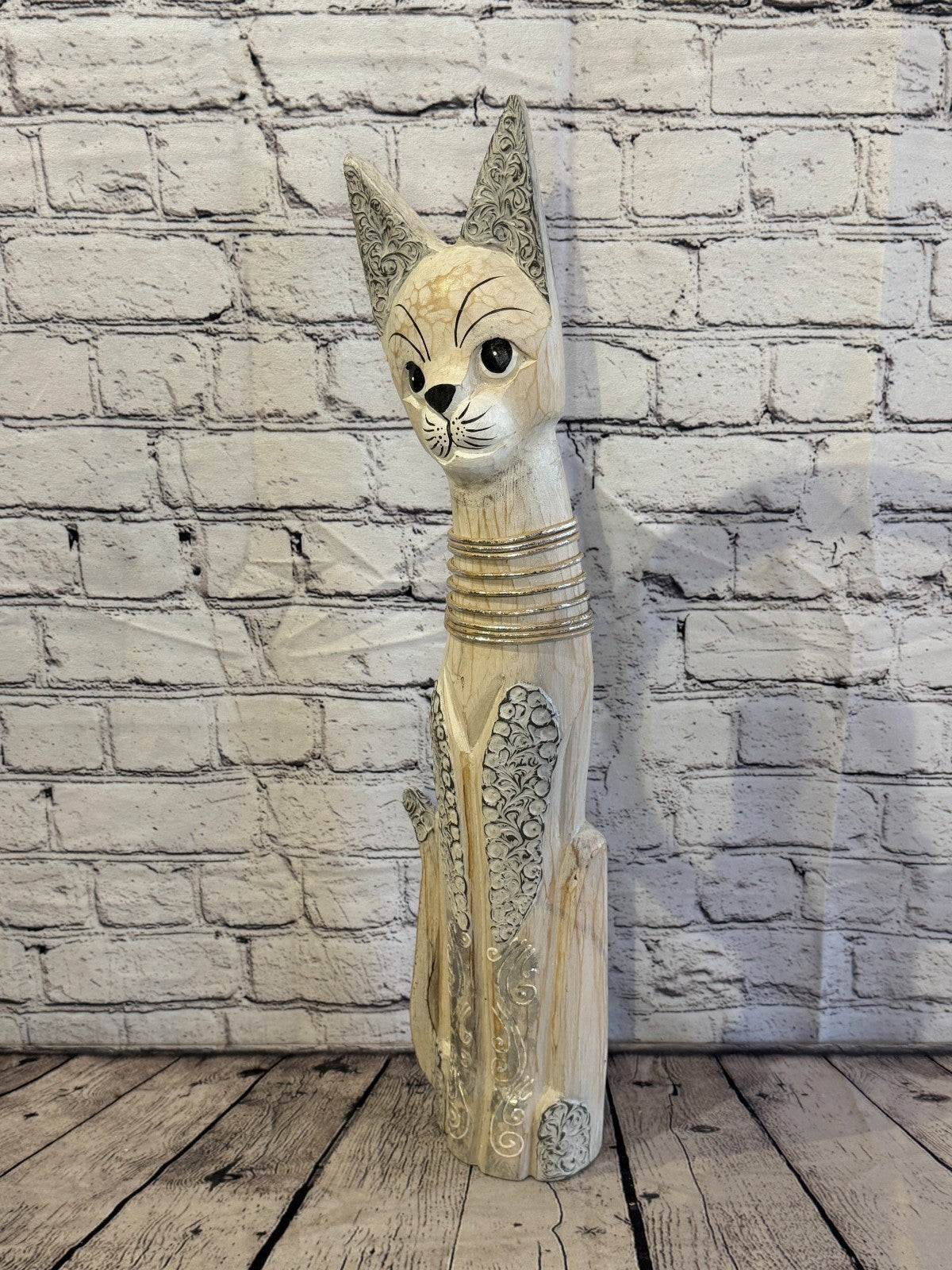 60cm White Silver Dots Wooden Shabby Cat Statue Ornament Fair Trade Handcarved1