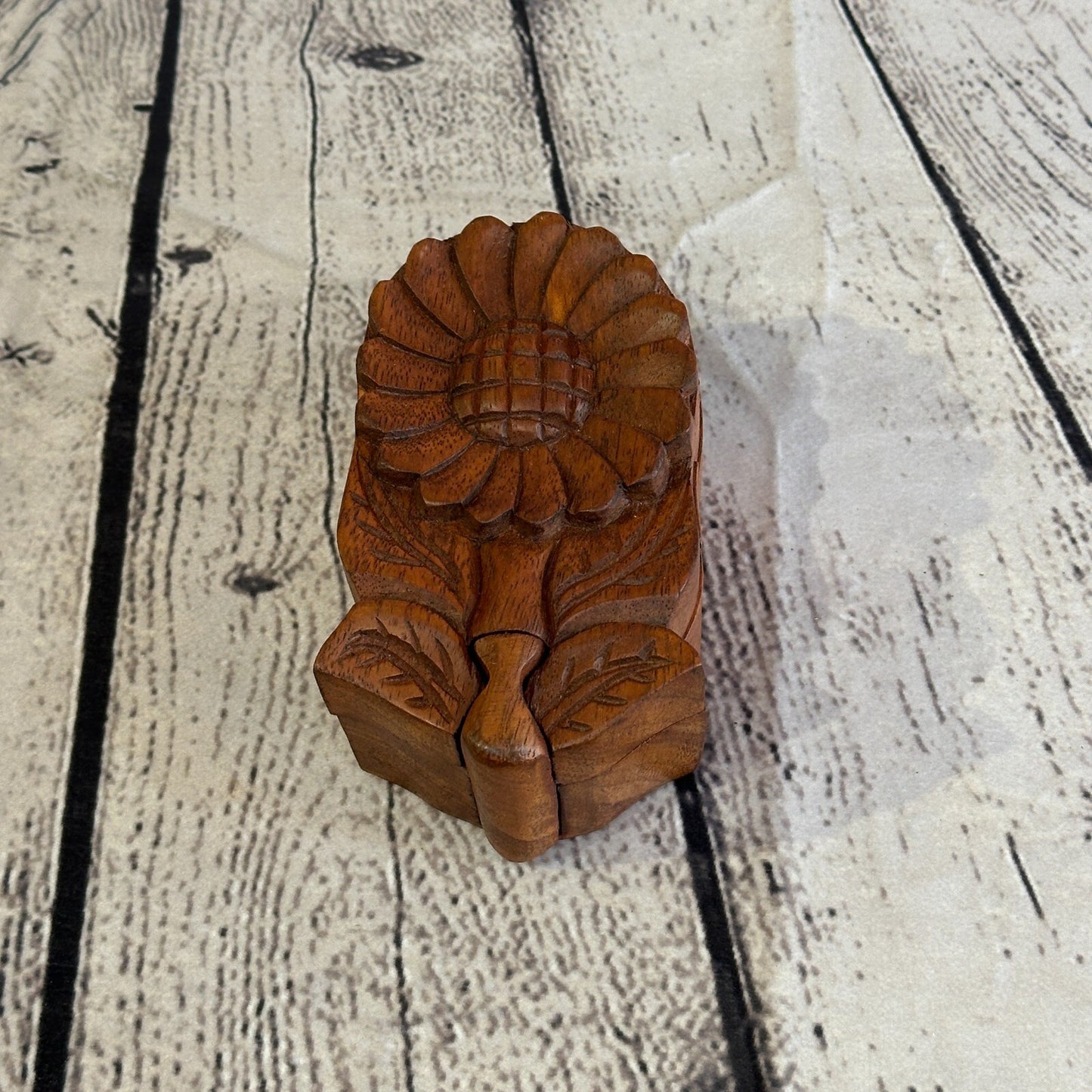 Carved Sunflower Plant 4 Bit Wooden Puzzle Box Secret Box Magic Trinket Handmade0