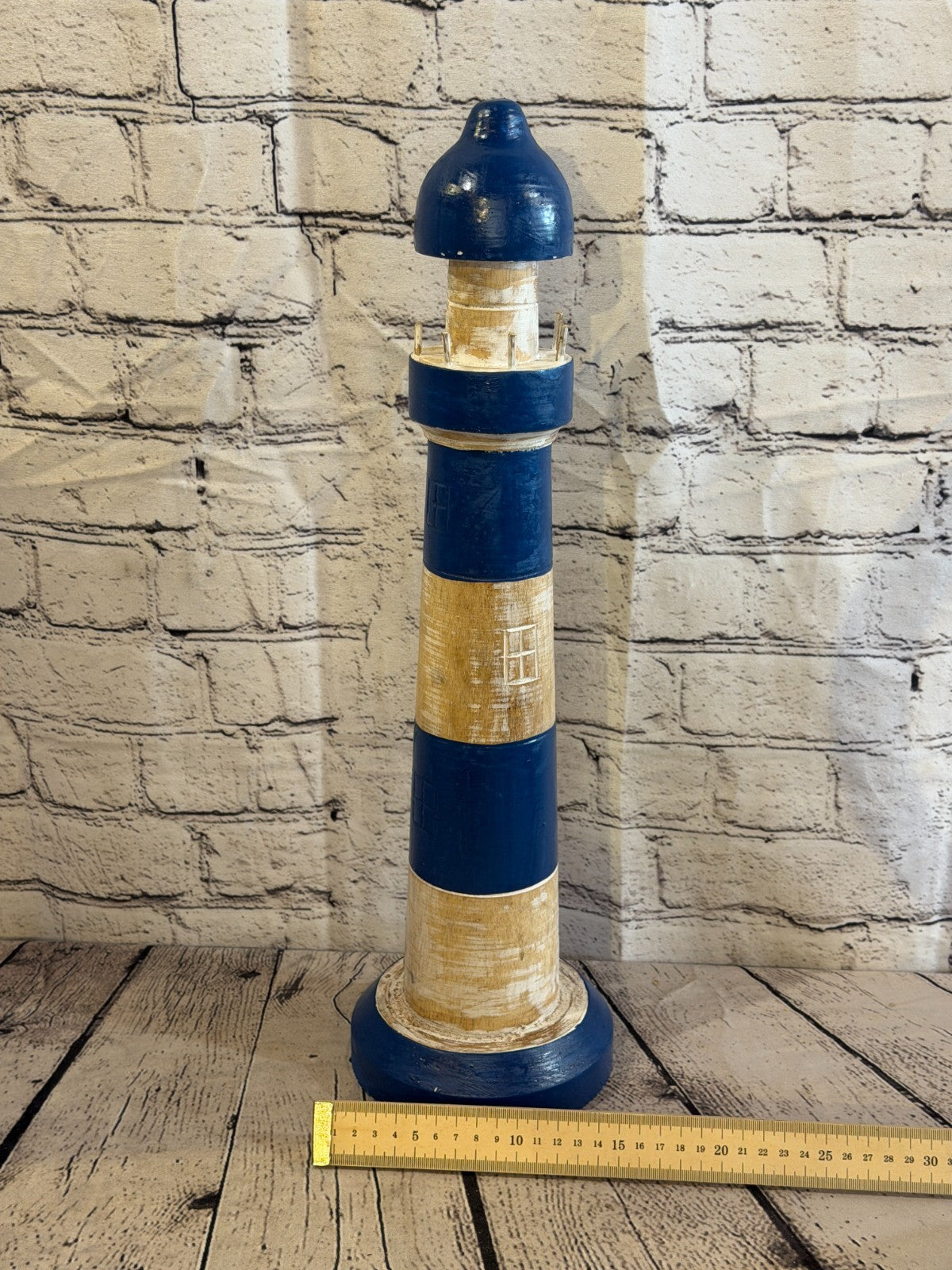 50cm Blue White Wooden Lighthouse Ornament Nautical Coastal Sculpture Statue4