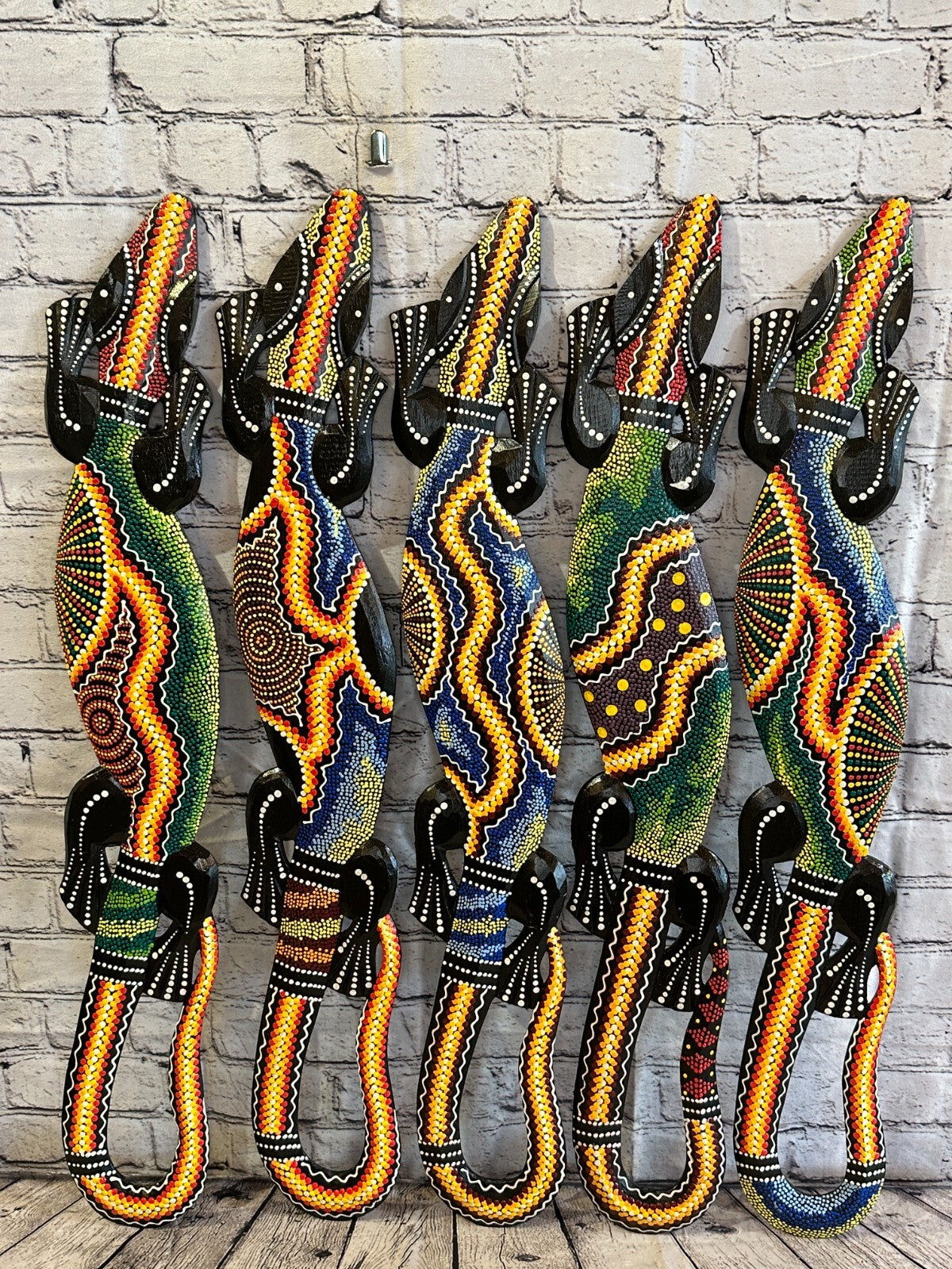 100cm Gecko Carved Wooden Dot Painted Ethnic Tribal Tiki Wall Art Handmade No 26