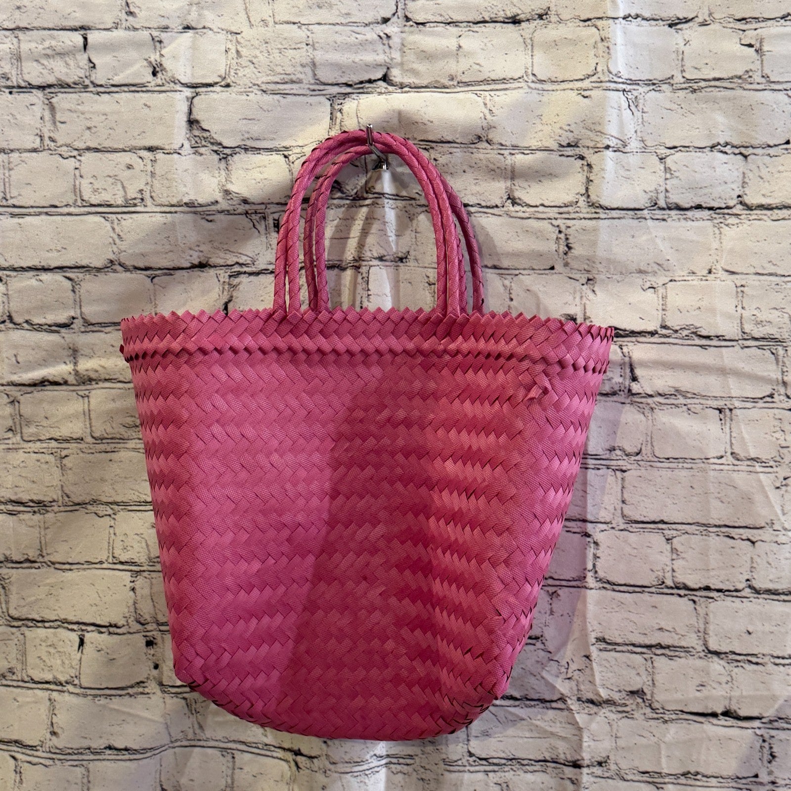 Bright Pink 40cm Handwoven Tote Bag Recycled Plastic Eco-Friendly Market Beach2