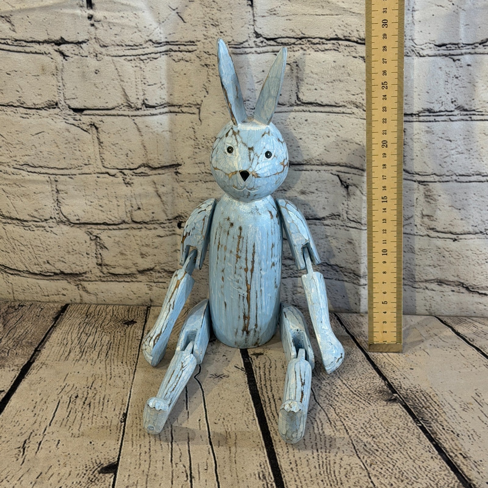 30cm Blue Bunny Rabbit Sitting Animal, Wooden Shelf Ornament Handmade Fairtrade5