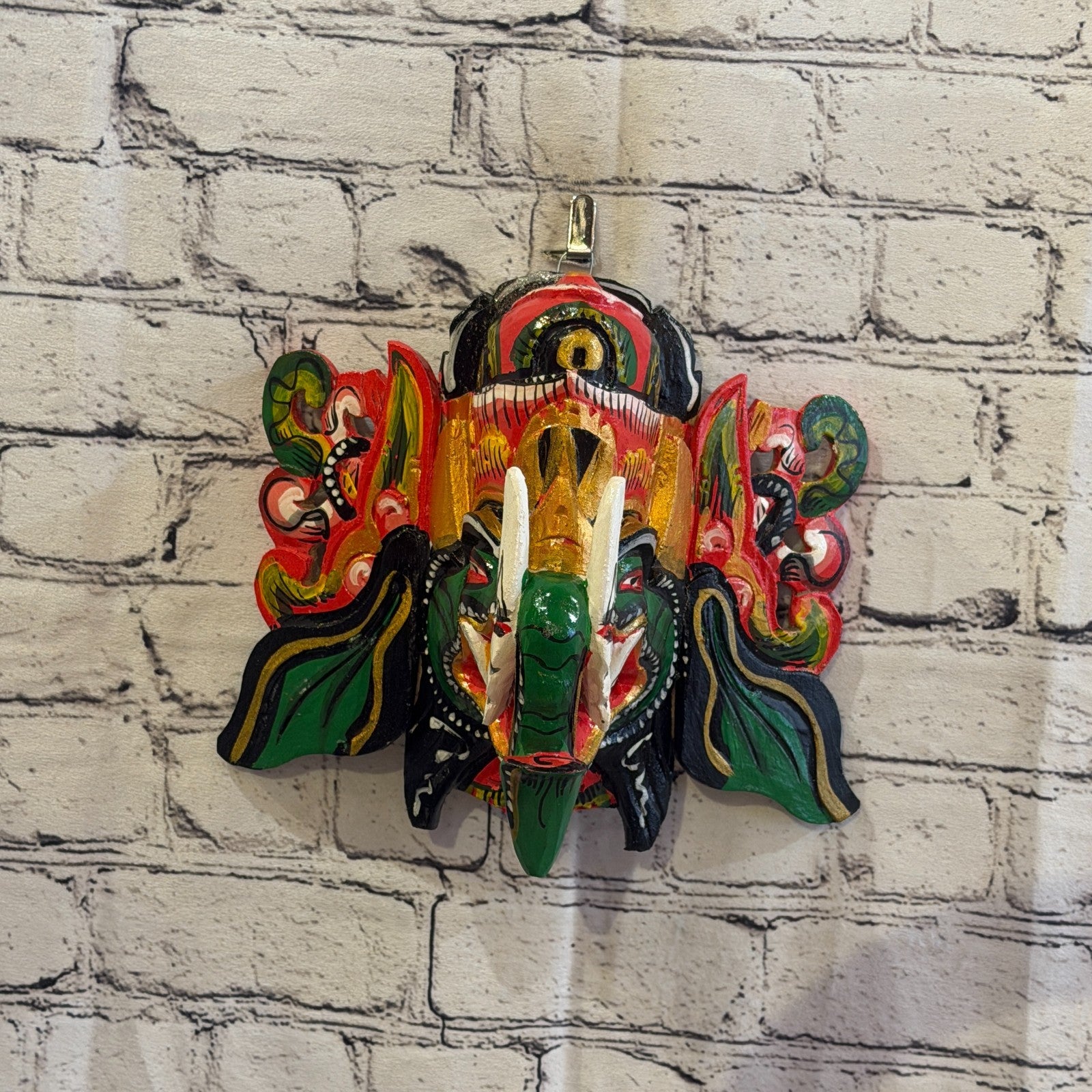 25cm Ganash Ganesha Green Elephant Hindu Deity Wooden Hand Carved Mask Painted7