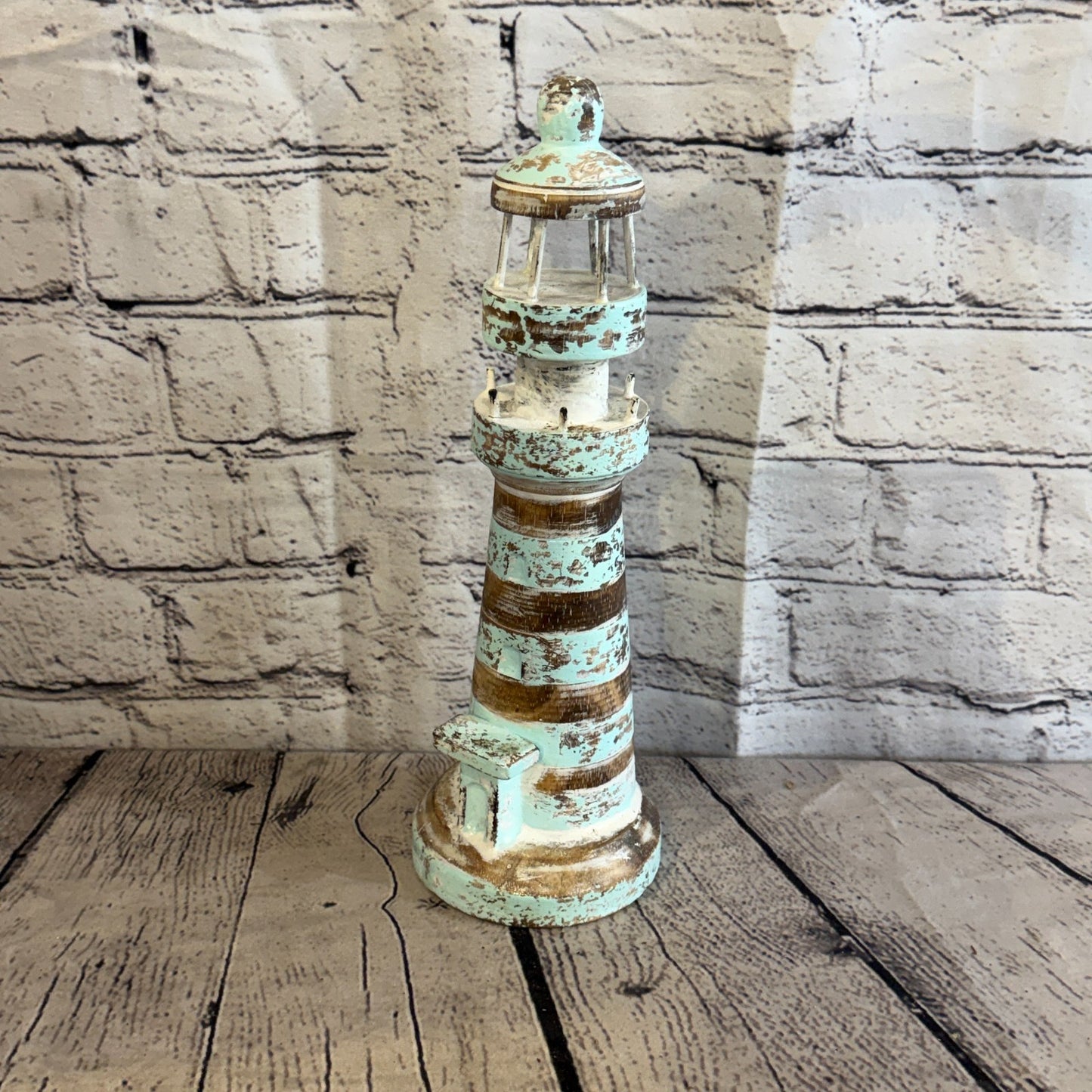 30cm Green White Wooden Lighthouse Detailed Ornament Nautical Coastal Sculpture0