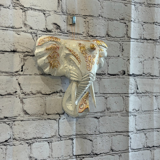 20cm x 20cm White Gold Painted Wood Elephant Head Wall Mounted Art Shabby0