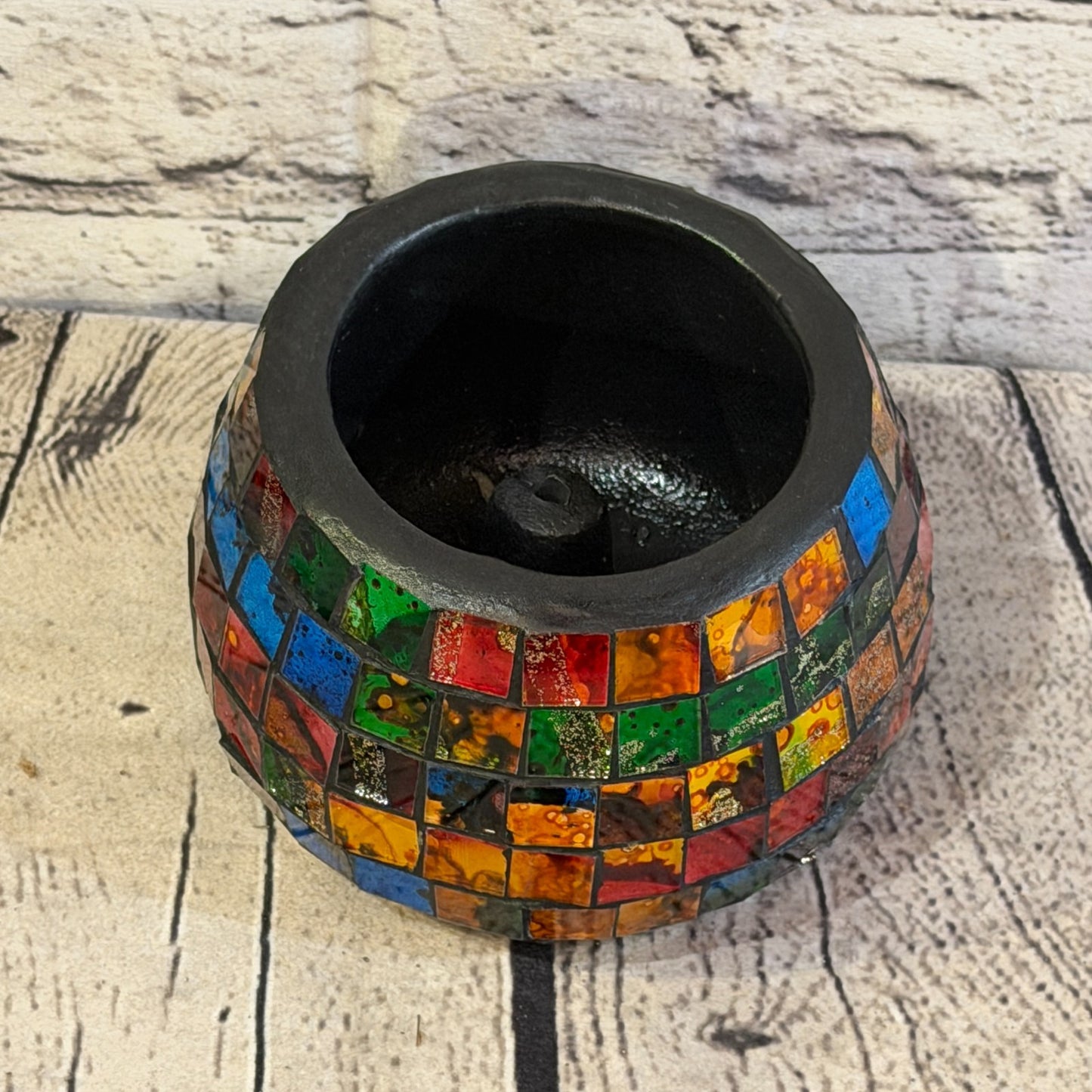 Rainbow Small Pot 12cm Round Mosaic Pottery Incense Holder Burner Detail2