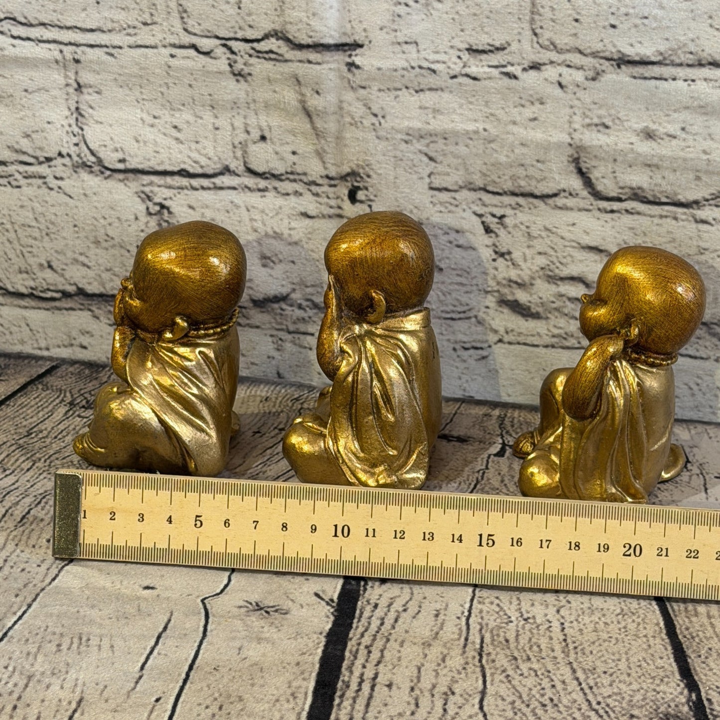 Bronze 10cm Set Of 3 Wise Buddha Monks Sitting On Seat Statue Resin Hindu5
