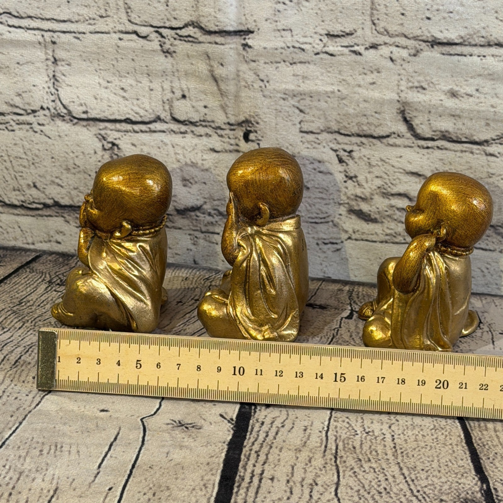 Bronze 10cm Set Of 3 Wise Buddha Monks Sitting On Seat Statue Resin Hindu5