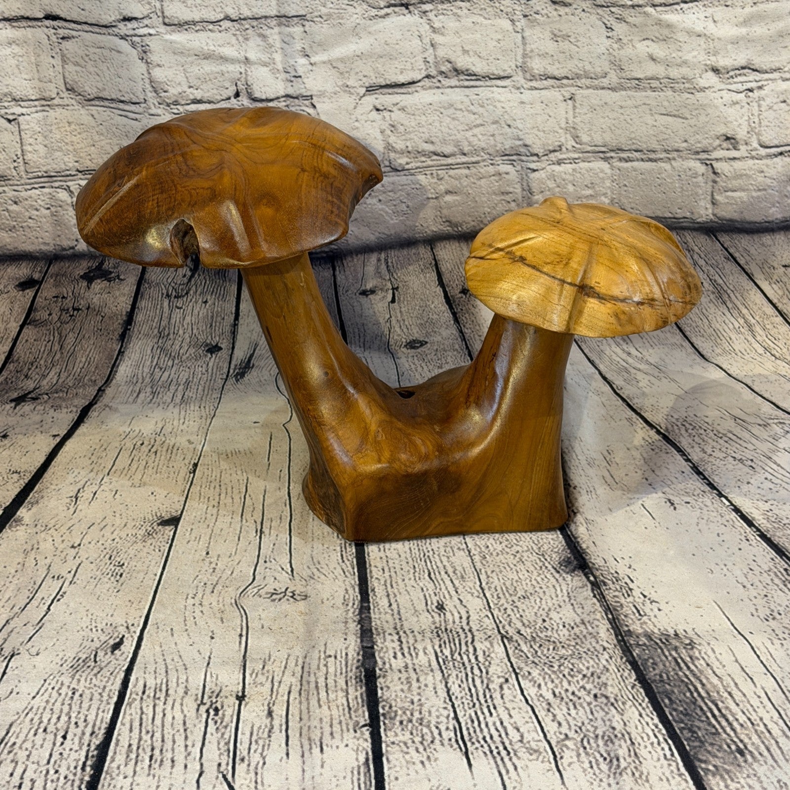 30cm x 35cm Double Wooden Mushroom Toadstool Sculpture Garden Teak Root Ornament4