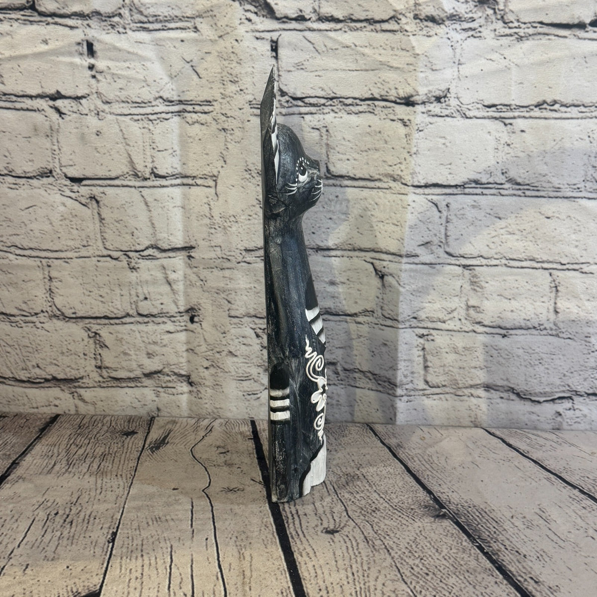 30cm Grey Flower Wooden Shabby Cat Statue Ornament Fair Trade Handcarved3