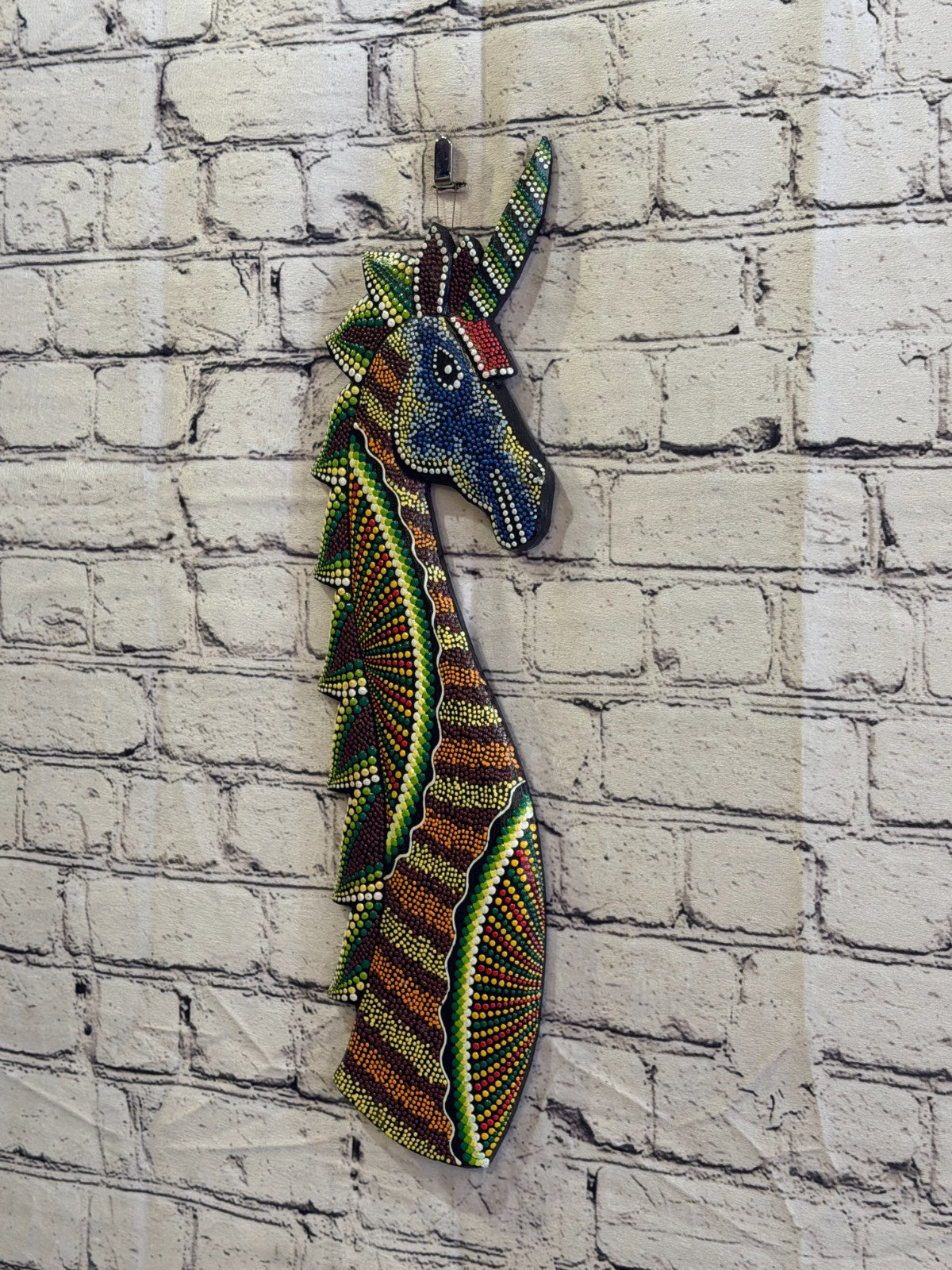 45cm Unicorn Carved Wooden Dot Painted Ethnic Tribal Tiki Wall Art No 61