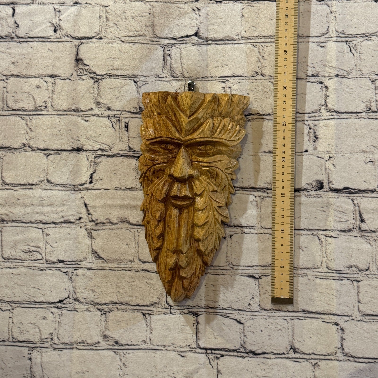 Green Man Of The Woods 30cm x 15cm Flat Carved Wizard Tree Trunk Wood Fairtrade4