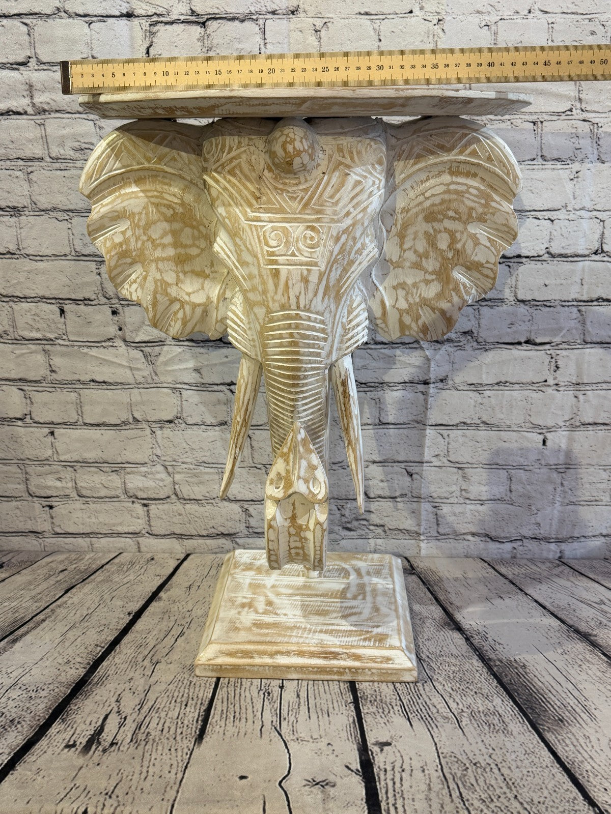 50cm x 45cm White Carved Wood Elephant Head Shelf Wall Mounted Art Large Shabby9