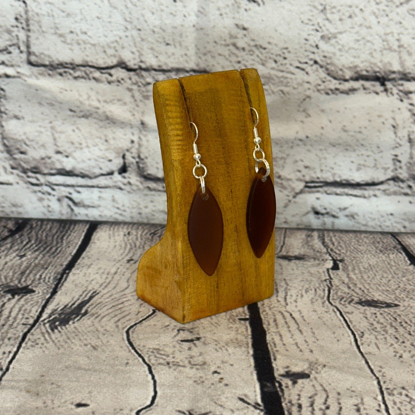 Brown Recycled Oval With Silver Plate Dangle Drop Earrings Handmade UK Jewellery2