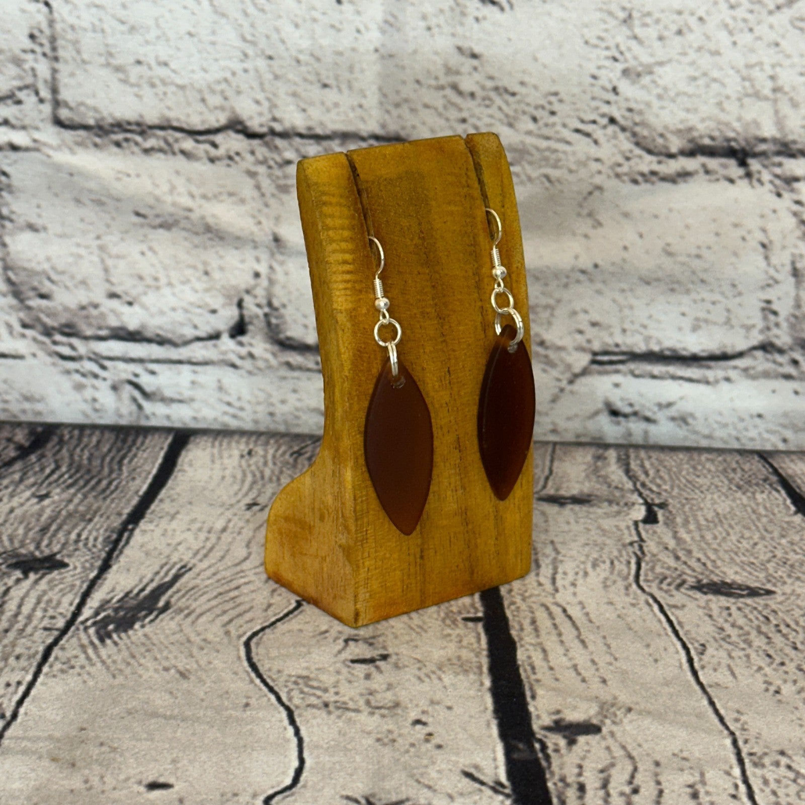 Brown Recycled Oval With Silver Plate Dangle Drop Earrings Handmade UK Jewellery2