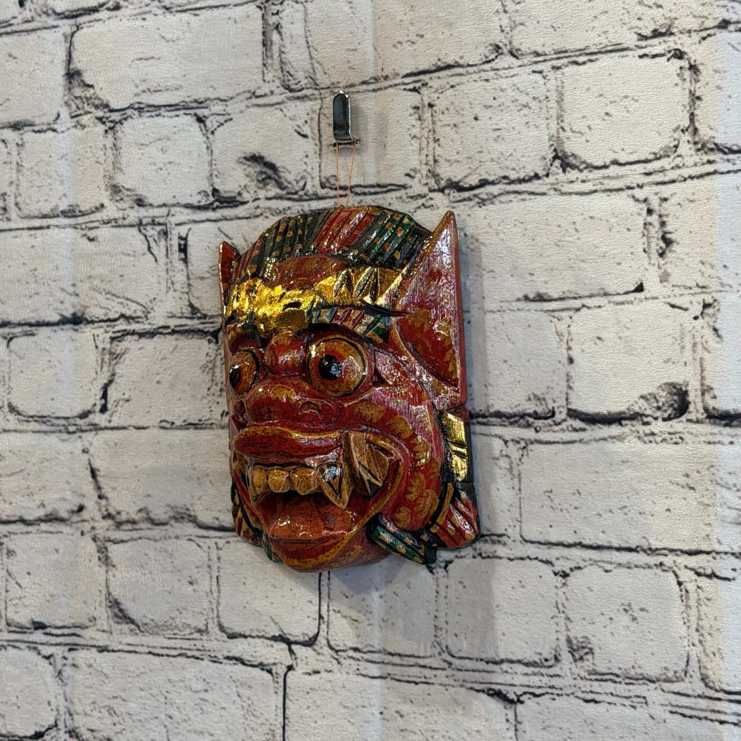 Medium Wooden Red Barong Wall Mask 15cm x 15cm Handmade And Fairtrade Hindu1