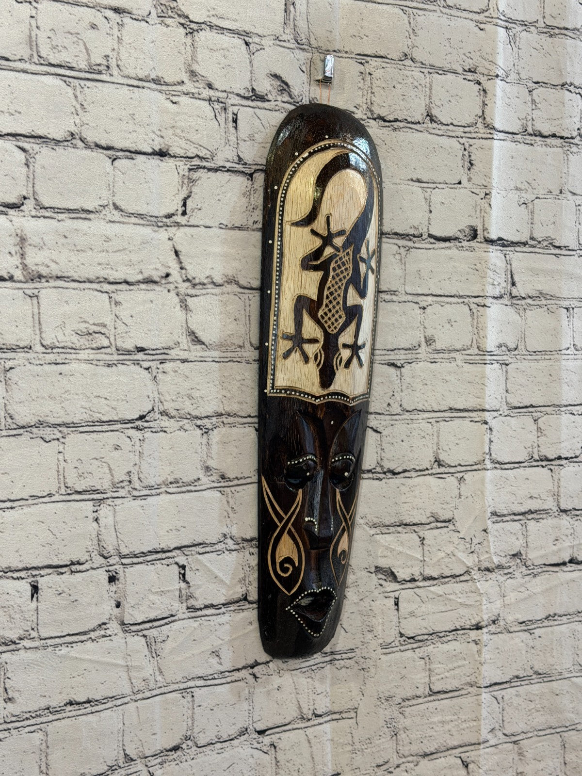 50cm Gecko Mask Carved Wooden Brown Work Painted Ethnic Tribal Tiki Wall Art0