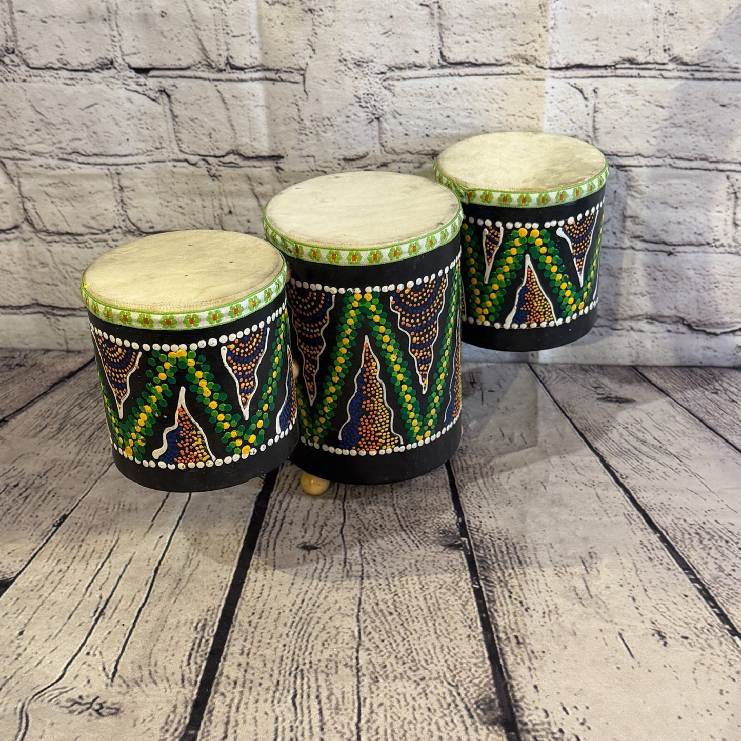 15cm Triple Djembe Drums Musical Instrument Hand Made Fair Trade Dot Painted2