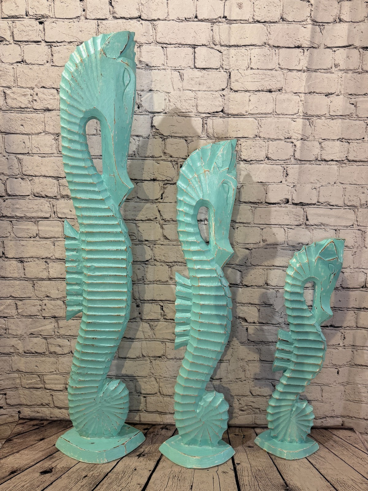 100cm Green Teal Wooden Shabby Seahorse Statue Ornament Fair Trade Handcarved8