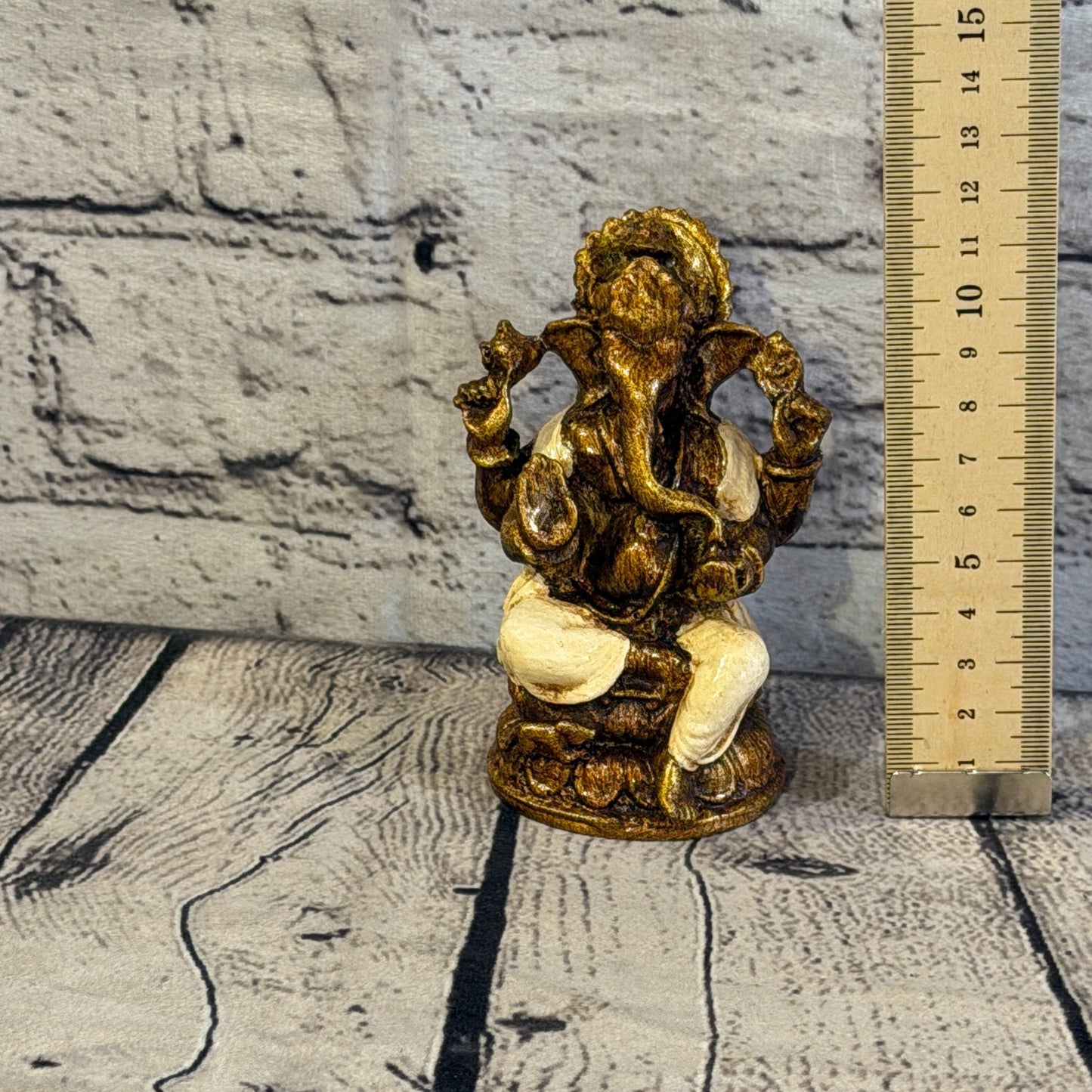 Cream & Bronze 12cm Small Ganesh Ganesa Sitting On Lotus Statue Resin Hindu5