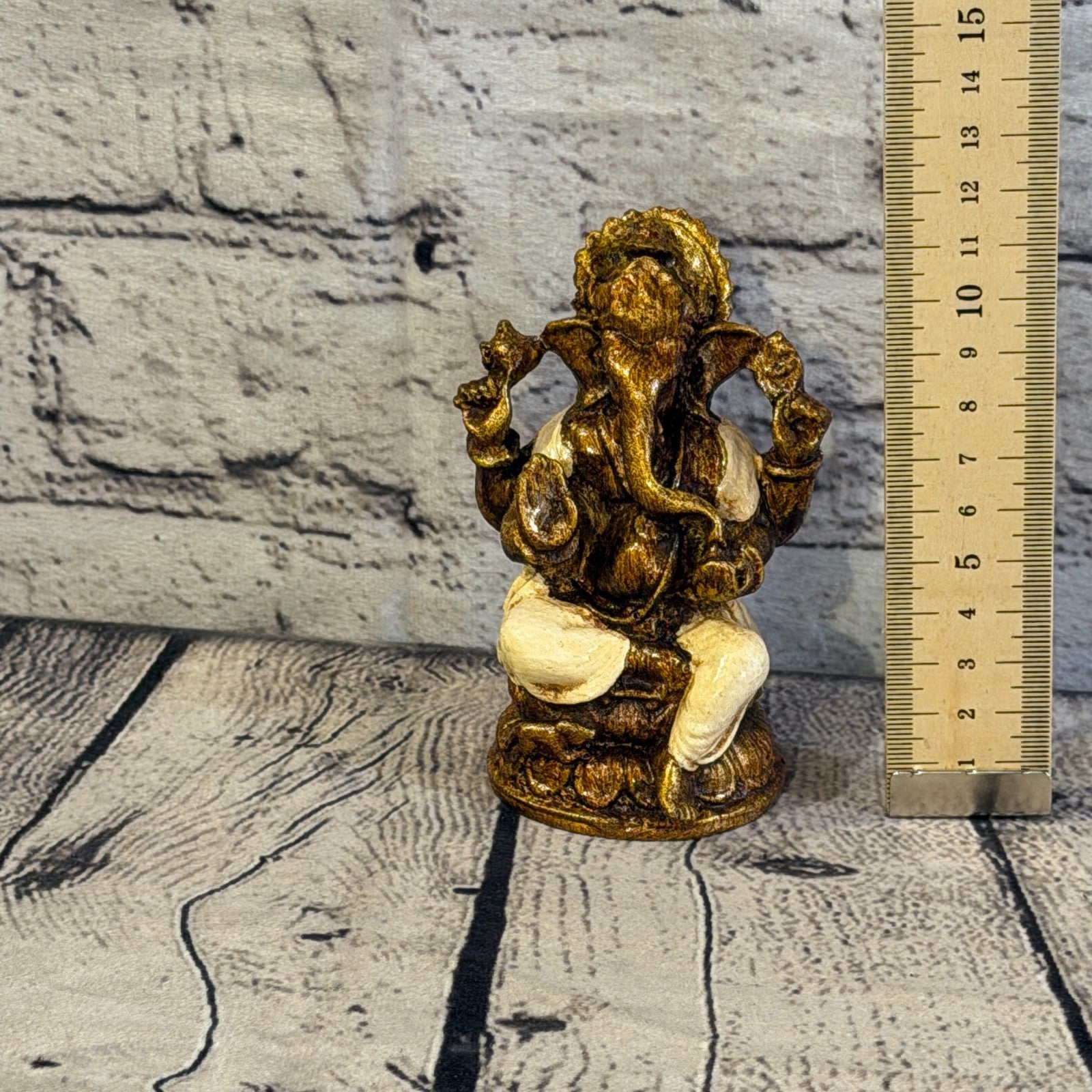 Cream & Bronze 12cm Small Ganesh Ganesa Sitting On Lotus Statue Resin Hindu5
