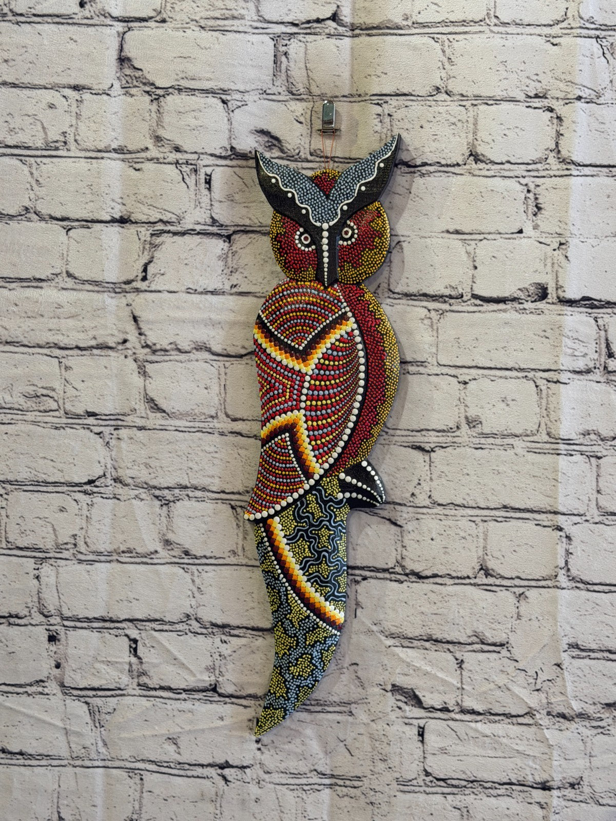 45cm Owl Bird Carved Wooden Dot Painted Ethnic Tribal Tiki Wall Art No 22