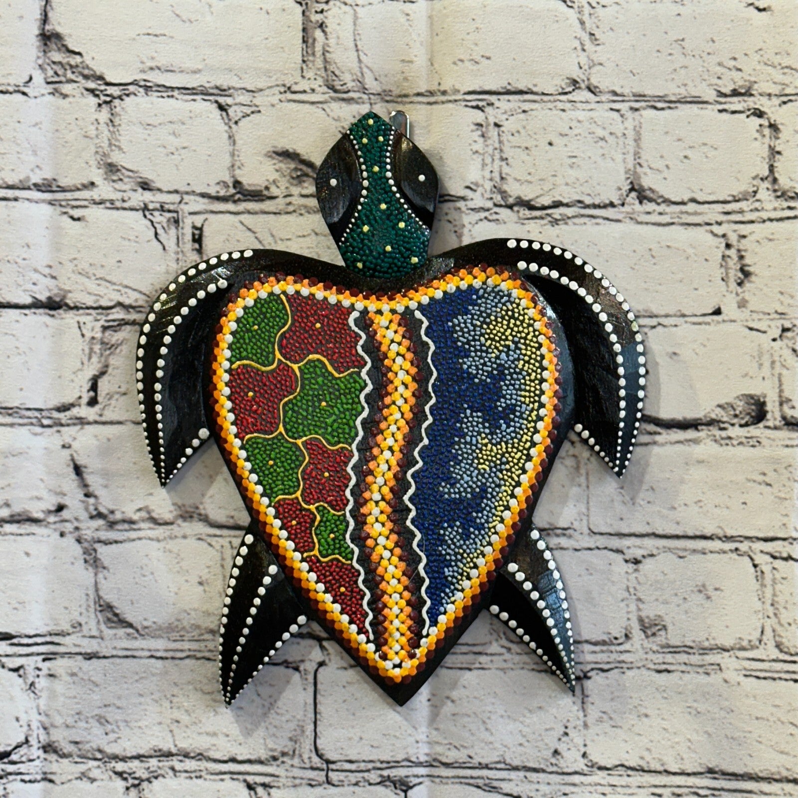 30cm Turtle Carved Wooden Dot Painted Ethnic Tribal Tiki Wall Art Handmade No 32