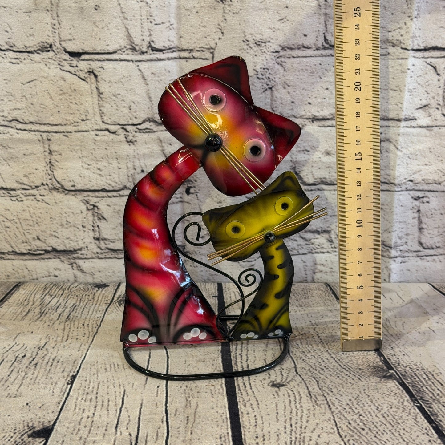 25cm x 15cm Double Cat Pink Green Metal Tin Standing Ornament Statue5
