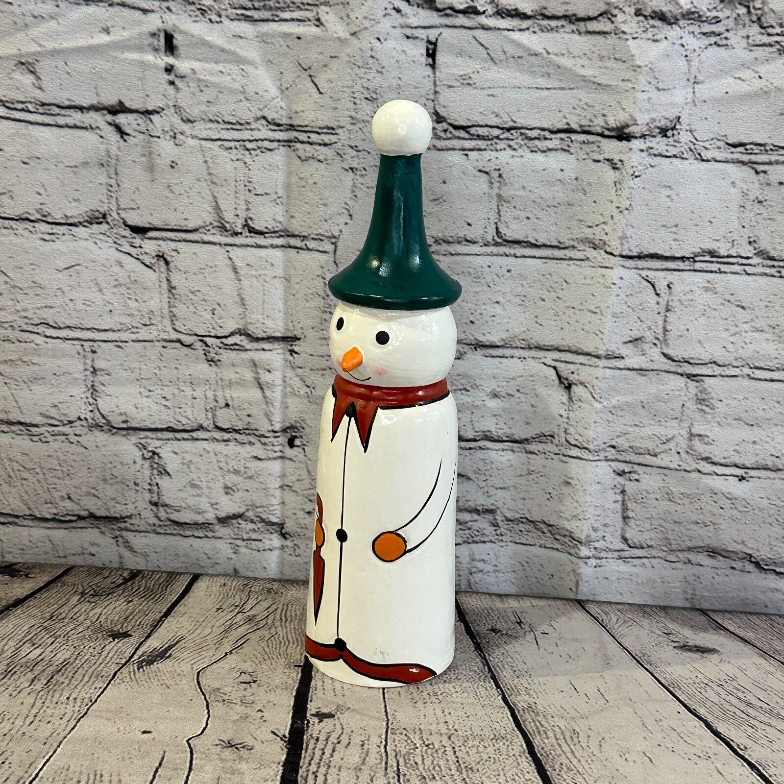 28cm x 8cm Green Pointy Hat Snowman Handcrafted Wood Xmas Christmas Ornament1