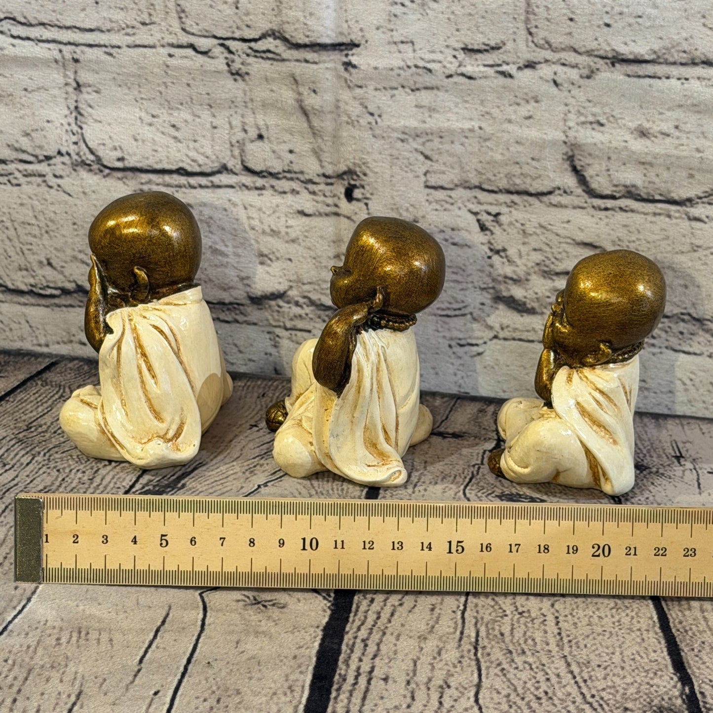 Cream 10cm Set Of 3 Wise Buddha Monks Sitting On Seat Statue Resin Hindu5