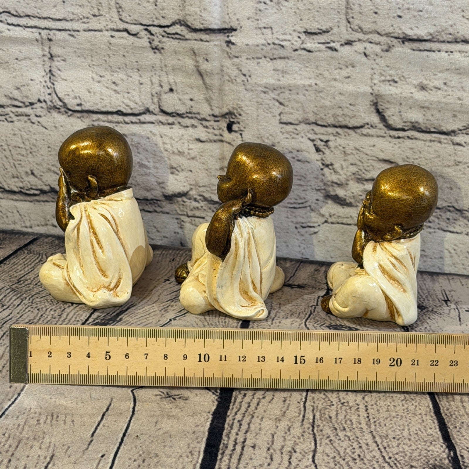 Cream 10cm Set Of 3 Wise Buddha Monks Sitting On Seat Statue Resin Hindu5