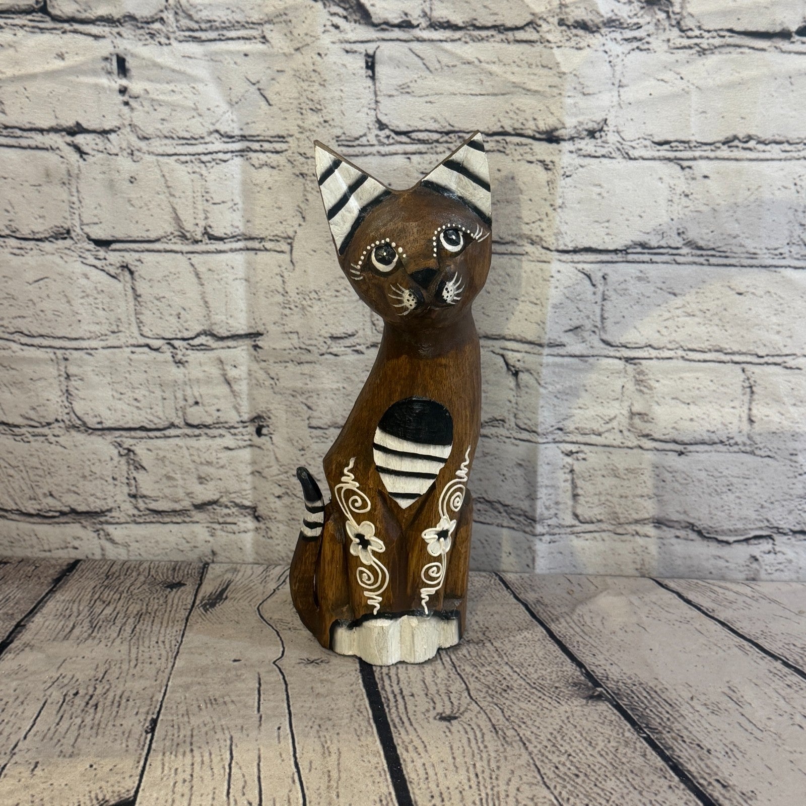 30cm Brown Flower Wooden Shabby Cat Statue Ornament Fair Trade Handcarved0
