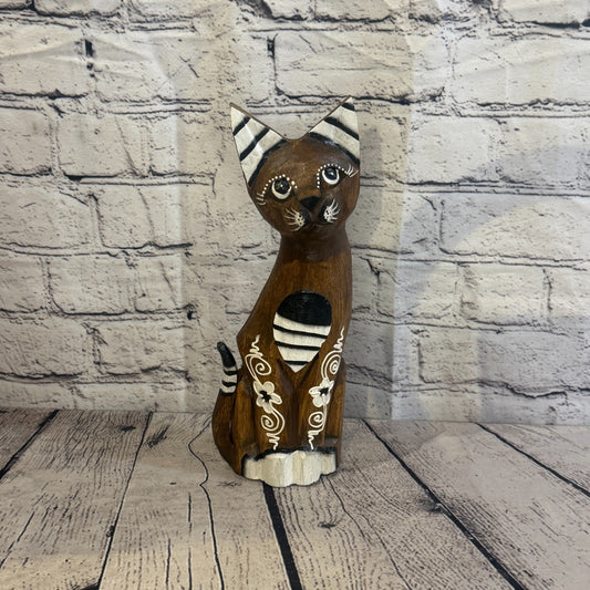 30cm Brown Flower Wooden Shabby Cat Statue Ornament Fair Trade Handcarved0