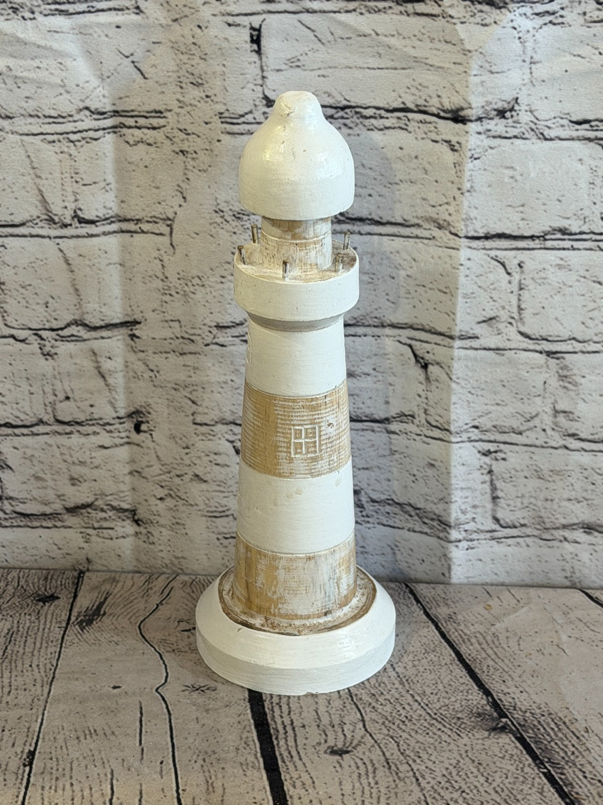 30cm Cream White Wooden Lighthouse Ornament Nautical Coastal Sculpture Statue1