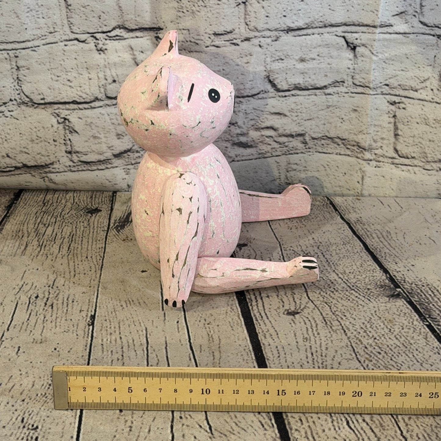 18cm Pink Teddy Bear Sitting Animal, Wooden Shelf Ornament Handmade & Fairtrade7